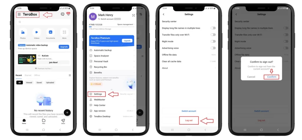 Log out of terabox mobile
