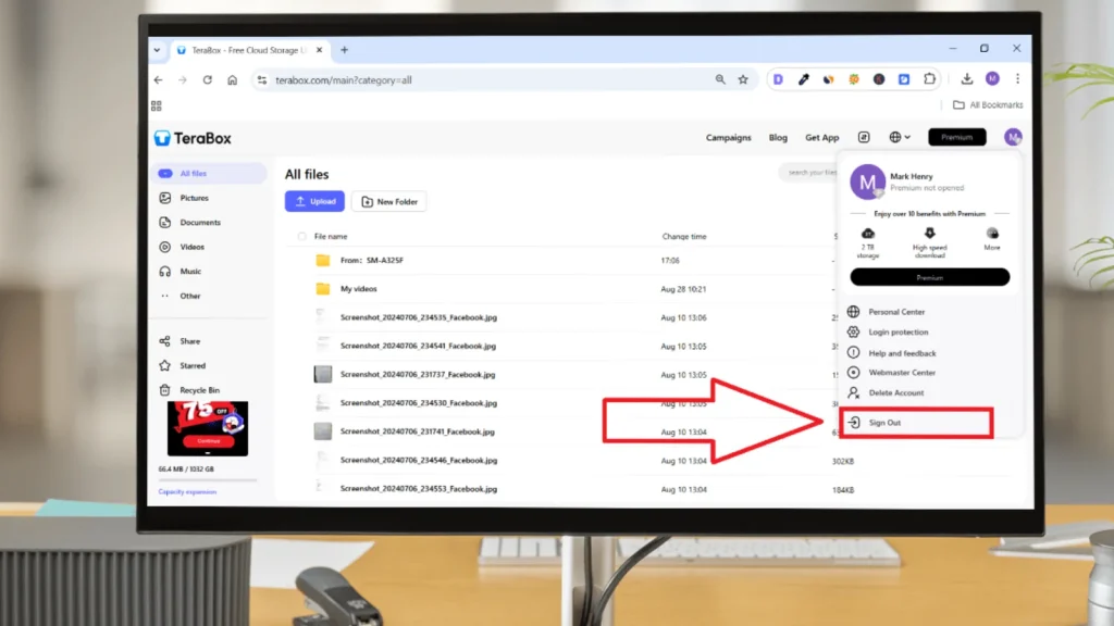 log out of terabox pc2